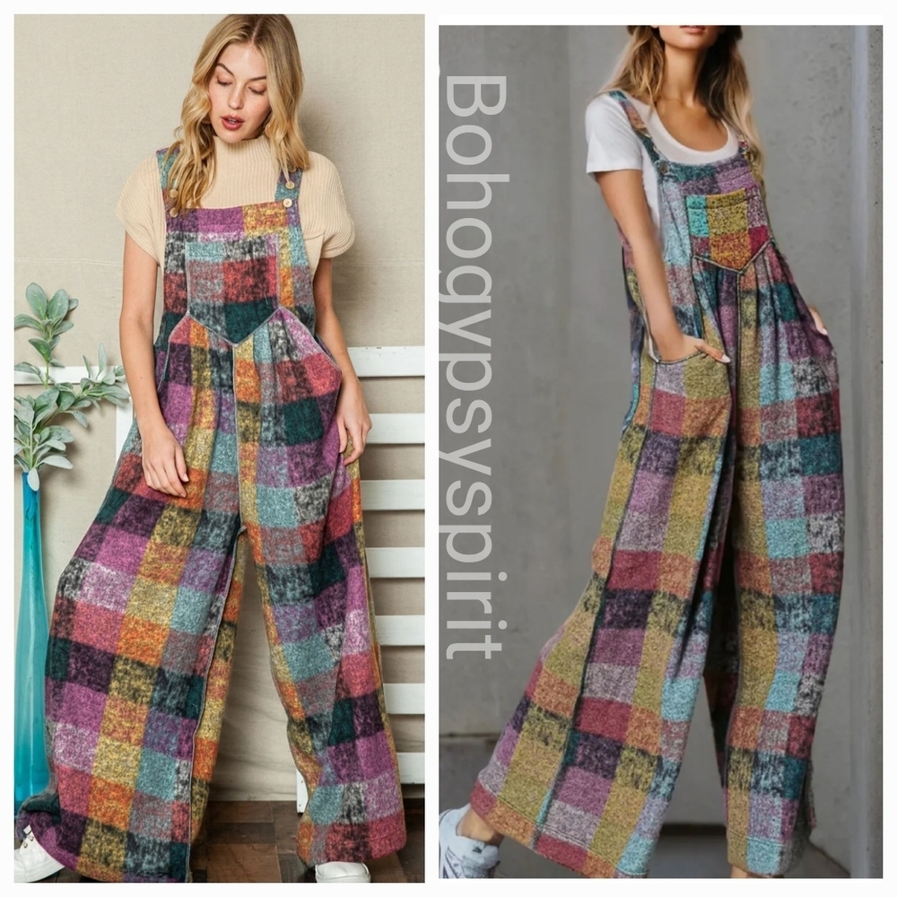 Patchwork Plaid Fleece Wideleg Jumpsuit Overalls - Picture 6 of 16
